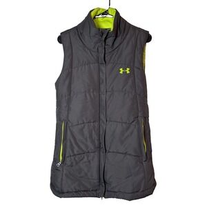 Under Armour Women's LG Black Puffer Vest Neon Yellow Insulated Full Zip Jacket